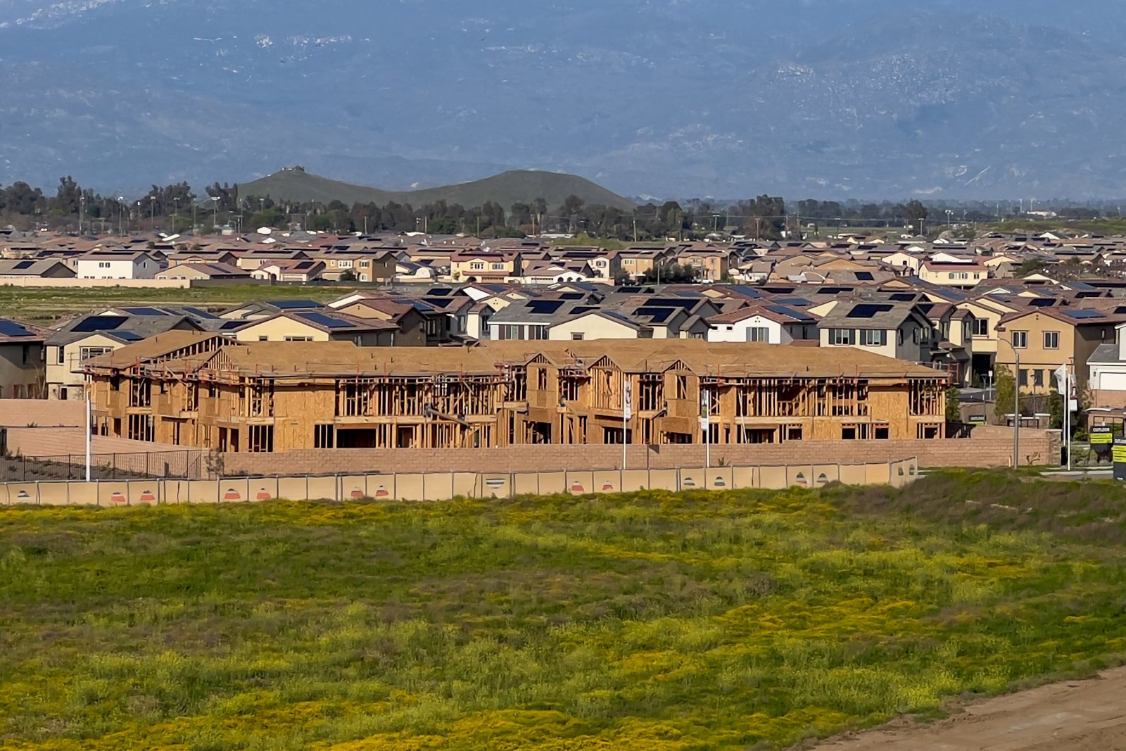 A row of production homes at the framing stage