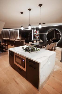 kitchen and dusk with marble counters